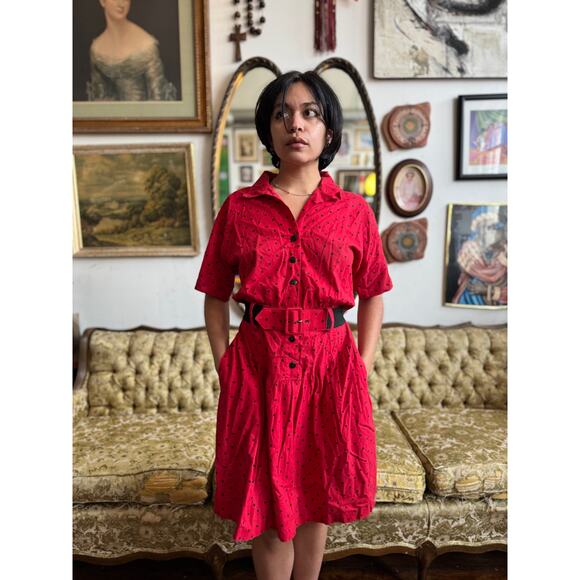 80s Vintage Red and Black Polka Dot Belted Dress Size Small - Picture 2 of 8